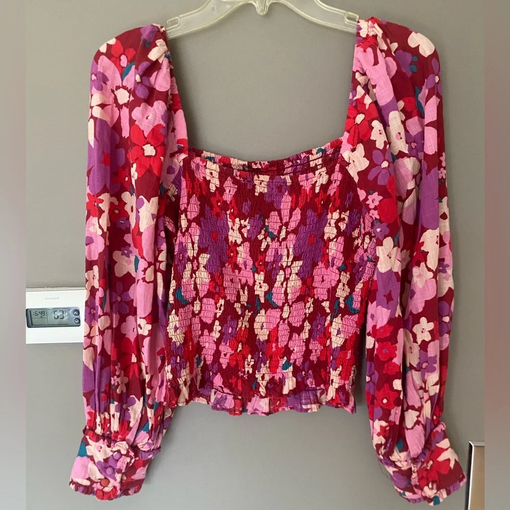 FREE PEOPLE Ariana Smocked Bodice Puff Sleeve Floral Top  Size Small